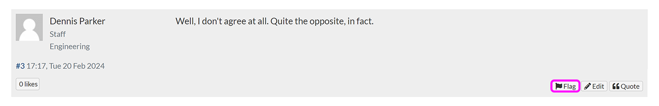 A forum post with the 'Flag' button highlighted