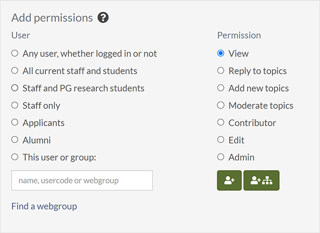 The 'Add permissions' section of the 'Edit permissions' page
