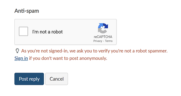 The 'Posting a reply' screen for an anonymous user