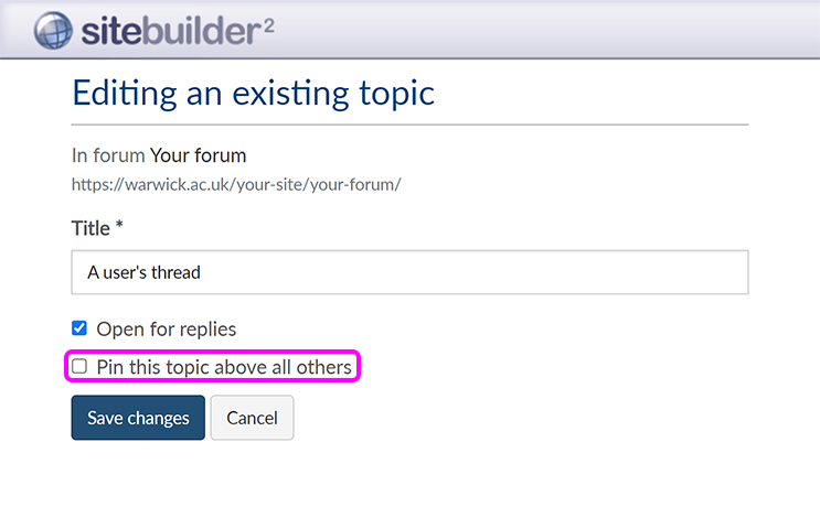 The 'Editing an existing topic' screen, with the checkbox to 'Pin this topic above all others' highlighted