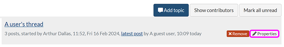 A forum topic, with the 'Properties' button highlighted