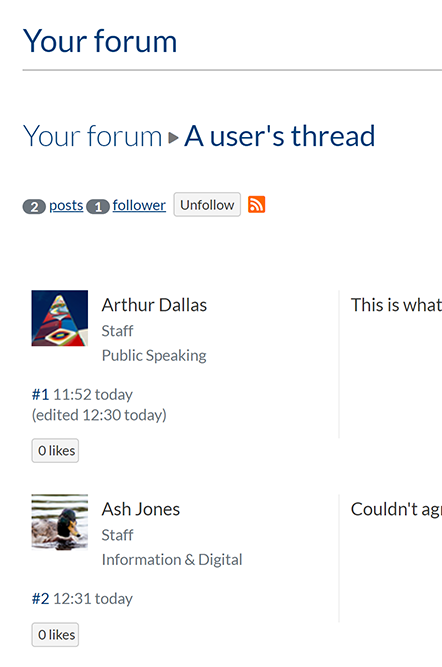 An example forum showing two users' avatars next to their posts