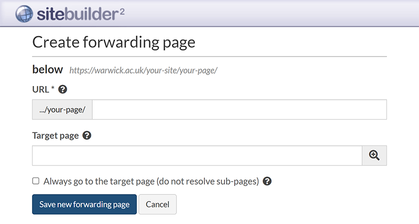 The 'Create new forwarding page' screen