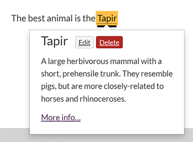 The word 'Tapir' on a web page, selected and displaying a glossary definition