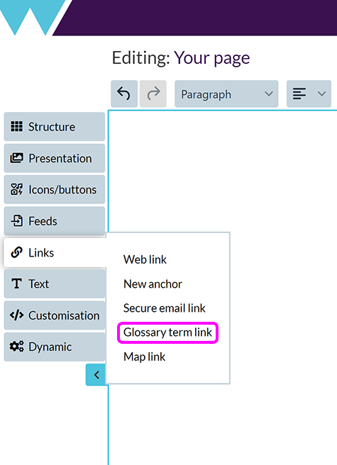 The SiteBuilder 'Add links and anchors' menu, with the 'Glossary term link' option highlighted