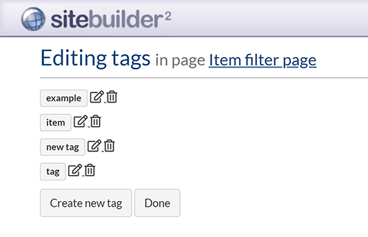 A list of active tags on an Item filter page
