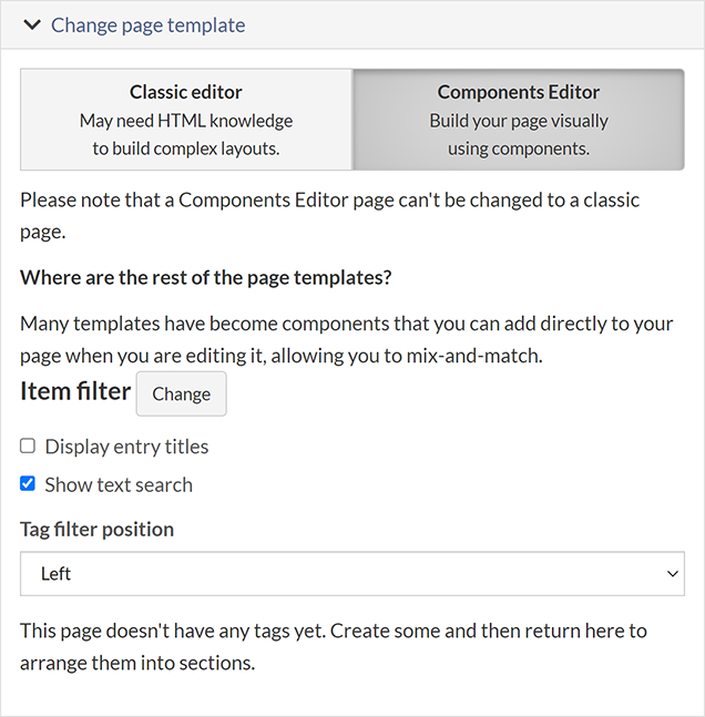 The page template options for the Item filter template