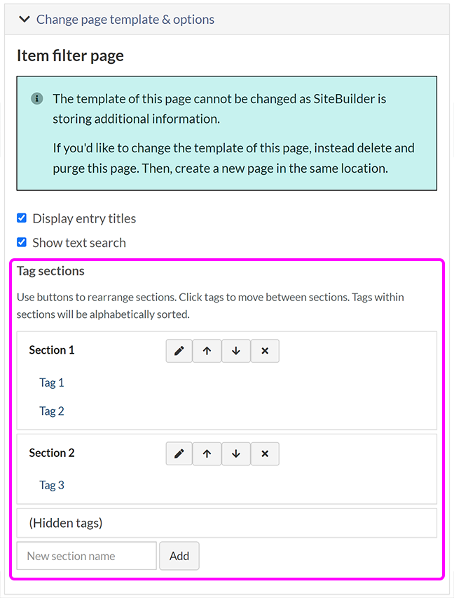 The 'Editing page properties' screen, with the 'Tag sections' options highlighted