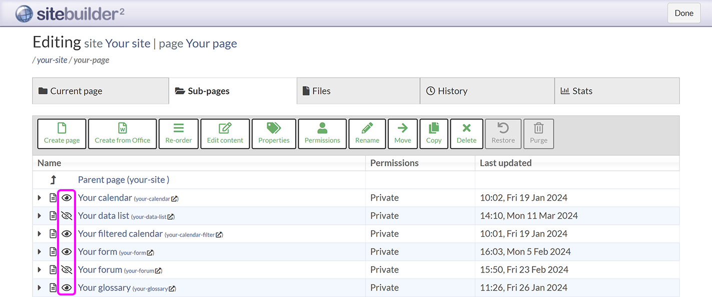 The 'Sub-pages' tab in SiteBuilder, with navigation menu visibility icons highlighted