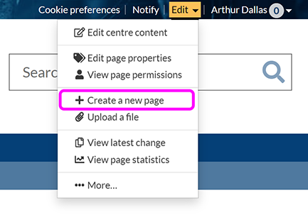 The SiteBuilder 'Edit' menu, with the 'Create a new page' option highlighted