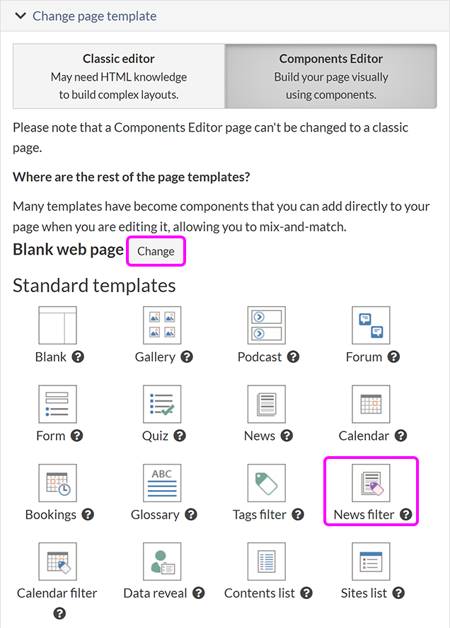 The 'Change page template' section of the 'Create new page' screen, with the 'Change' button and 'News filter' page template option highlighted