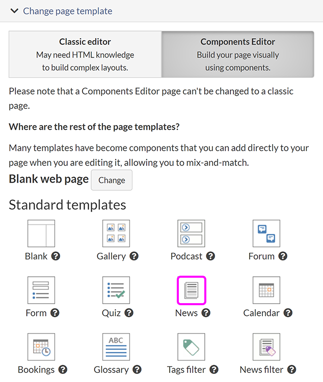 The 'Create new page' screen, with the option to create a news page highlighted