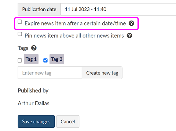 The bottom of an edited news item, with the 'Expire news item...' checkbox highlighted