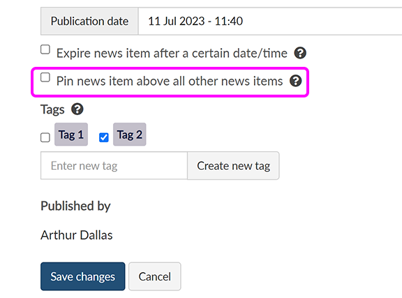 The bottom of the 'Edit news item' page, with the checkbox to pin the current item highlighted