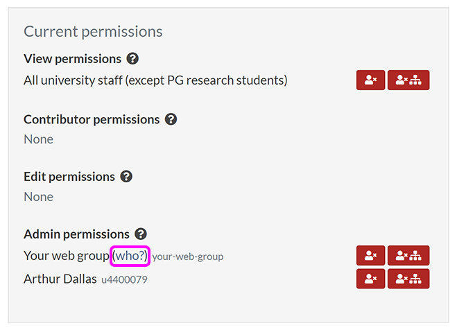 The 'Current permissions' section, with the 'who?' link for a web group highlighted