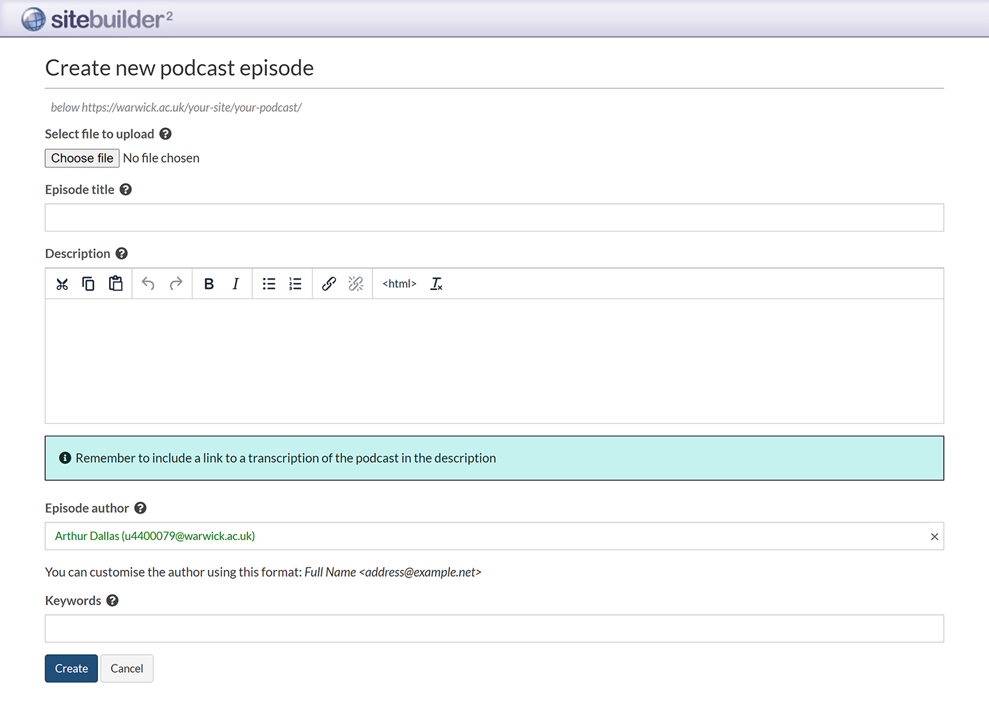 The 'Create new podcast episode' screen
