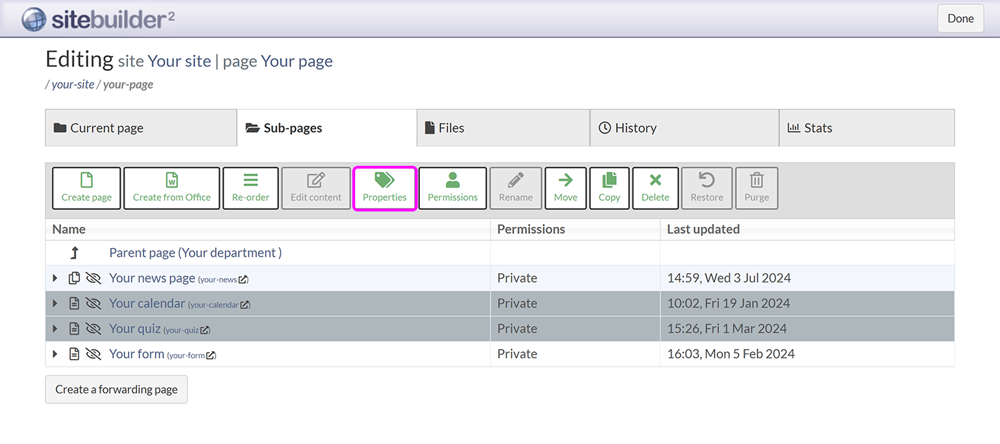 The 'Sub-pages' tab in SiteBuilder, with two pages selected and the 'Properties' button highlighted