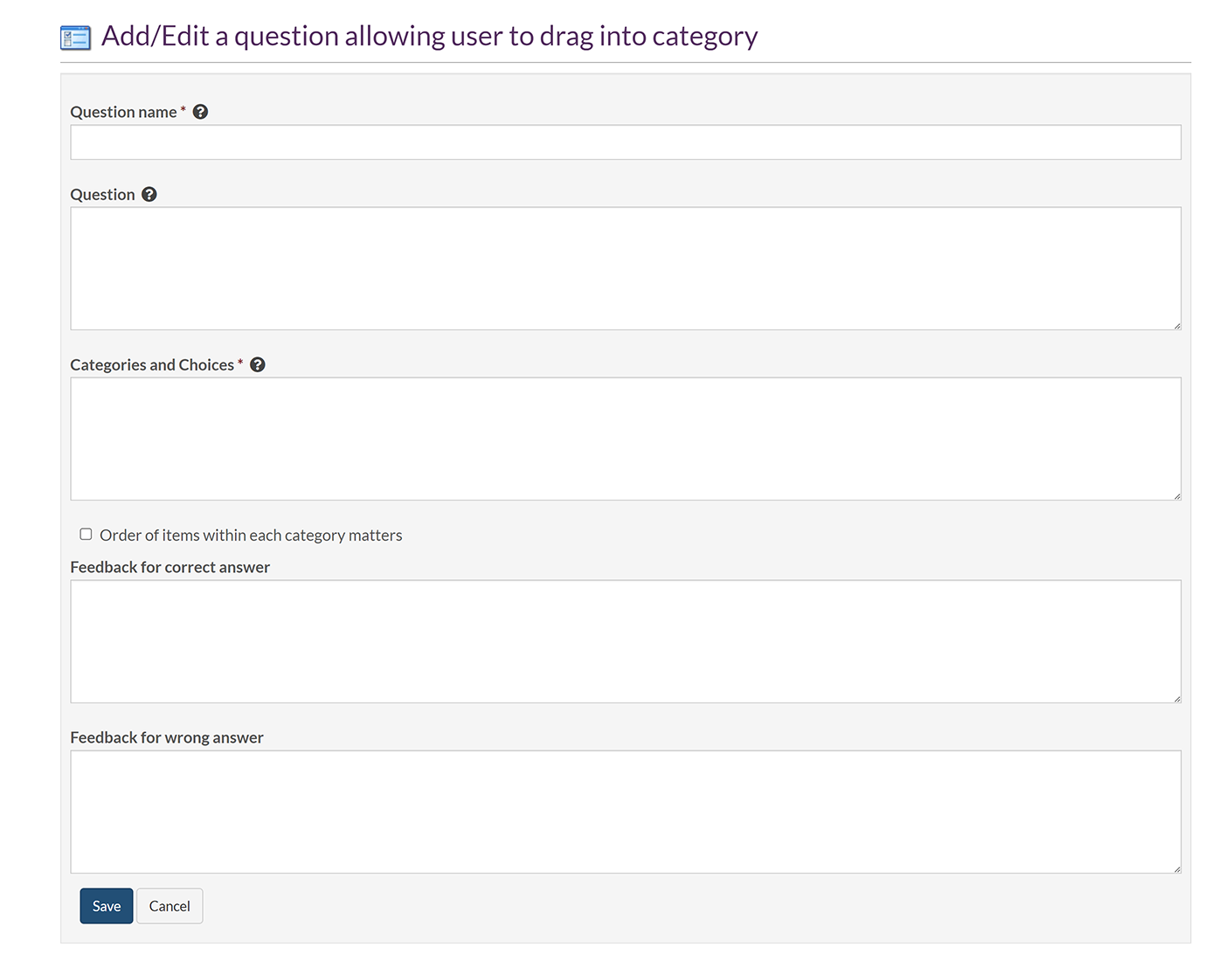 The 'Add/Edit a question type allowing user to drag into category' screen
