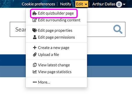 The SiteBuilder 'Edit' menu, with the 'Edit quizbuilder page' option highlighted
