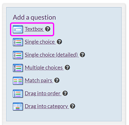 The 'Add a question' menu, with the 'Textbox' option highlighted