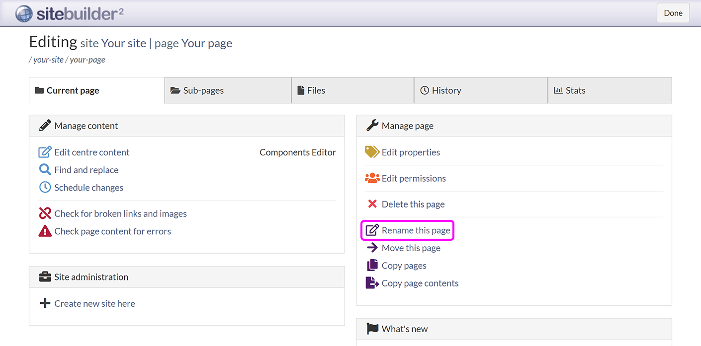 The 'Current page' tab in SiteBuilder, with the 'Rename this page' option highlighted