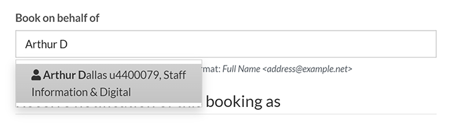 The resource booking pop-up, with a partial name entered and suggested result displayed