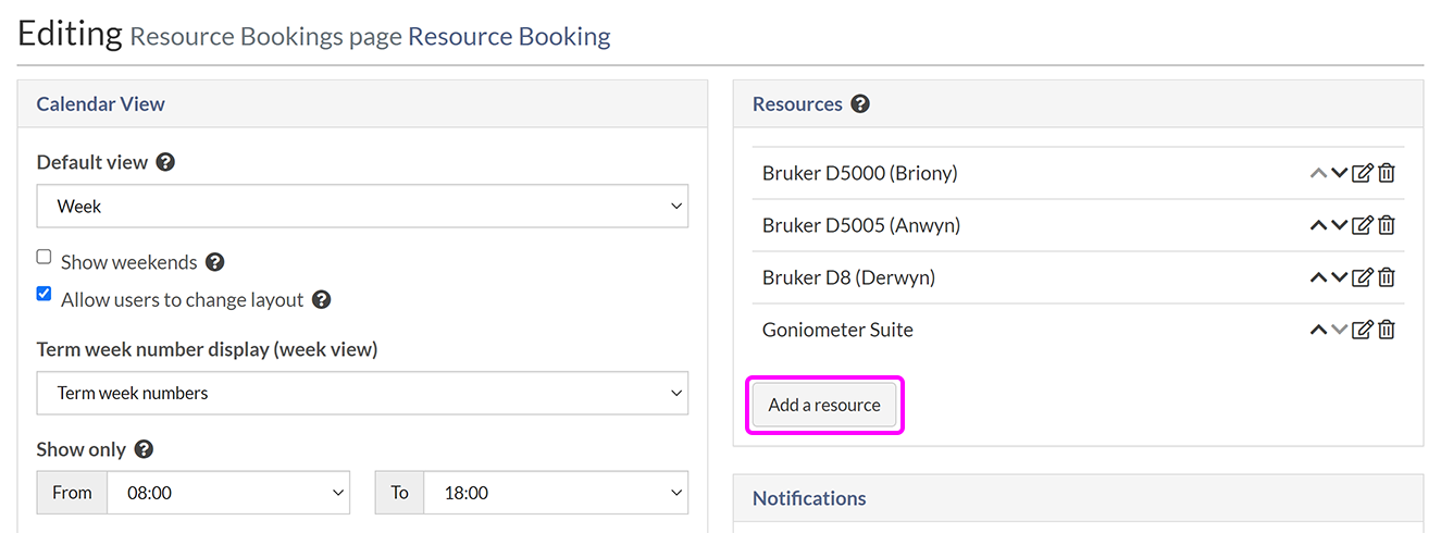 The 'Editing Resource Bookings page' screen with the 'Add a resource' button highlighted