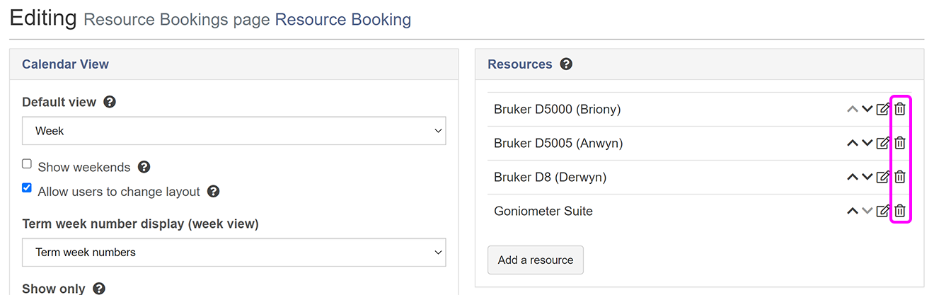 The Editing page for a Resource bookings page, with the 'Remove' icons highlighted