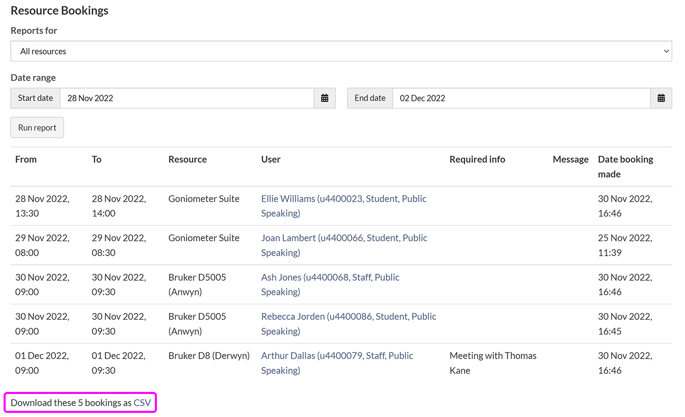A Resource Bookings report with the CSV download link highlighted