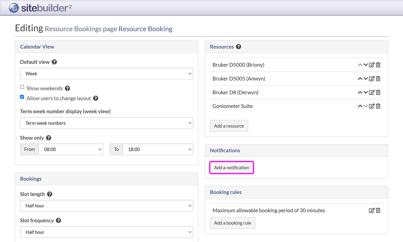 The Resource Bookings settings page, with the 'Add a notification' button highlighted