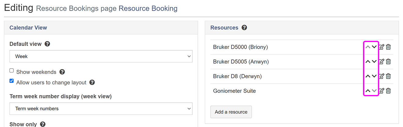 The Editing screen for a resource bookings page with the up and down arrows highlighted