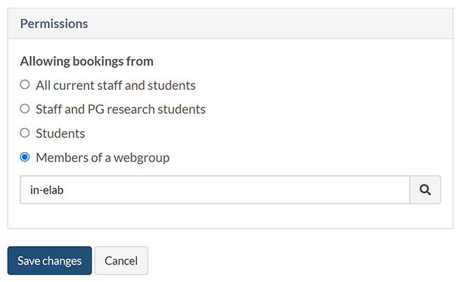 The 'Permissions' section of the Edit Bookings Page screen