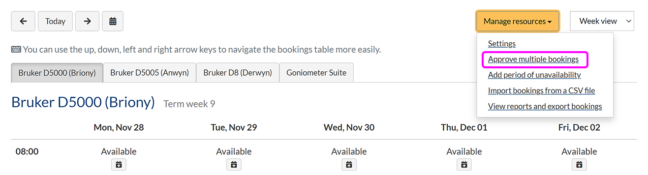 The 'Manage resources' menu with the 'Approve multiple bookings' option highlighted
