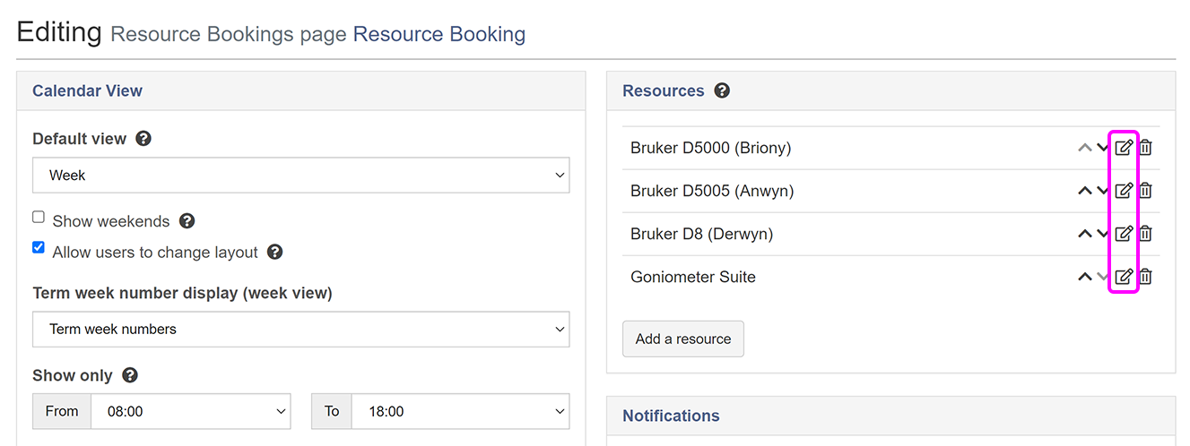 The 'Editing Resource Bookings page' screen with 'Edit resource' buttons highlighted