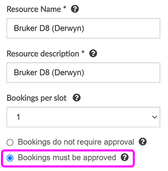 The 'Edit resource' pop-up with the 'Bookings must be approved' option highlighted