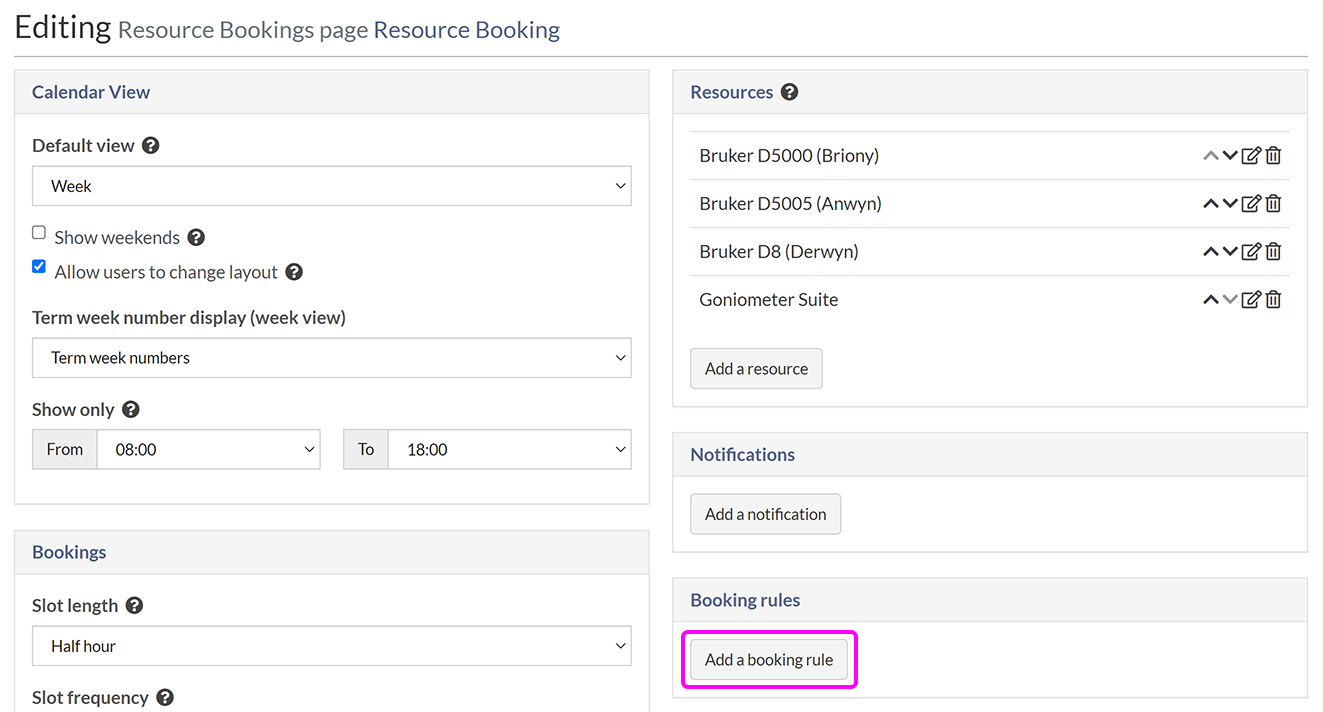 The Resource Bookings settings page, with the 'Add a booking rule' button highlighted