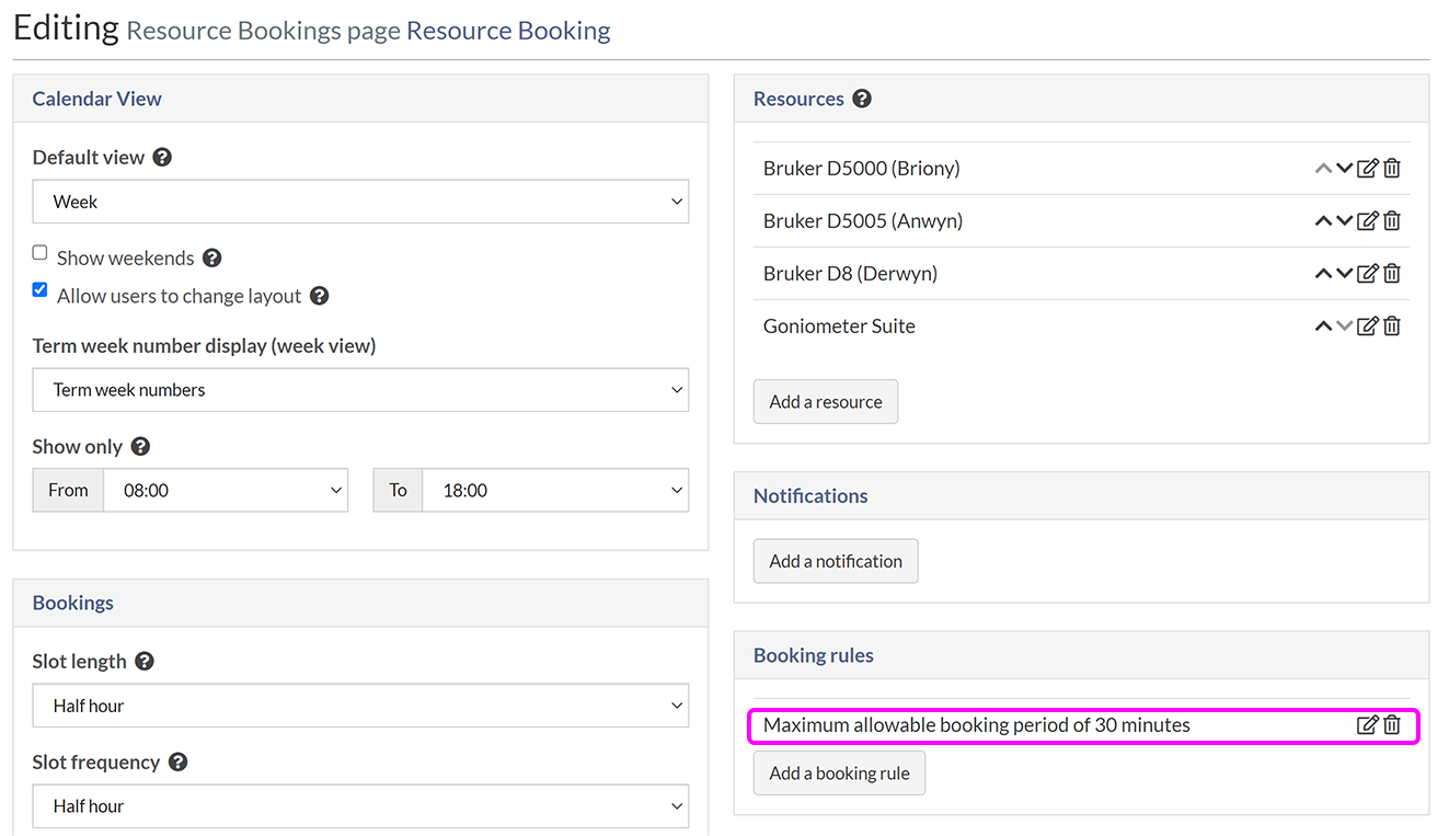 The Resource Bookings settings page, with an existing booking rule highlighted