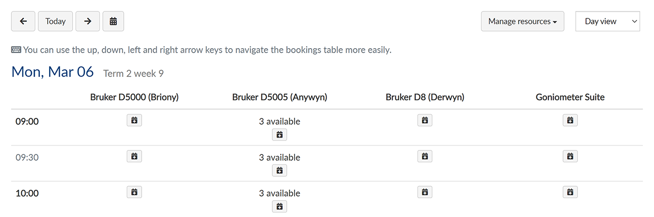 Day view of a resource bookings page