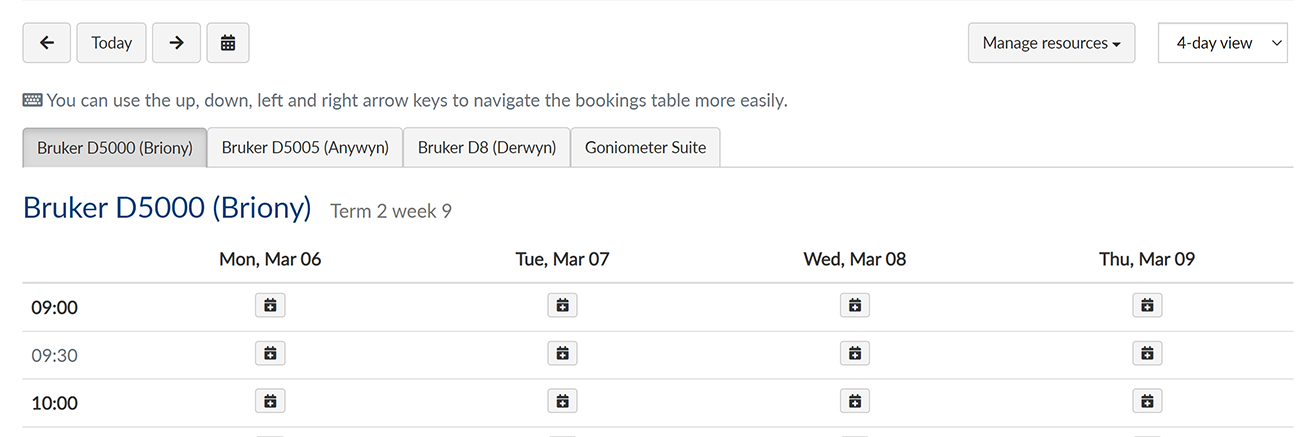 Four-day view of a resource bookings page