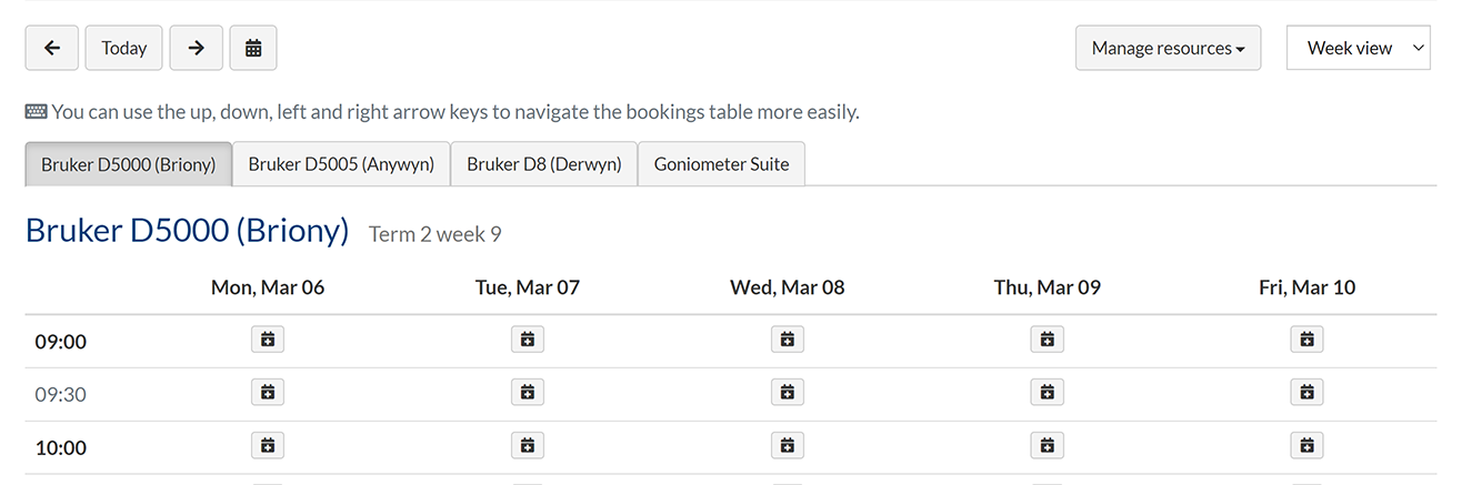 Week view of a resource bookings page