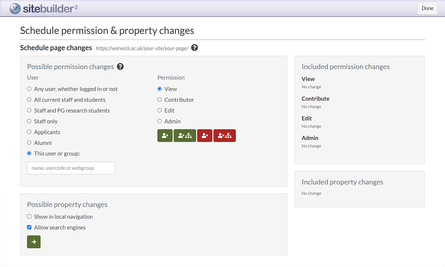 The 'Schedule permission & property changes' screen