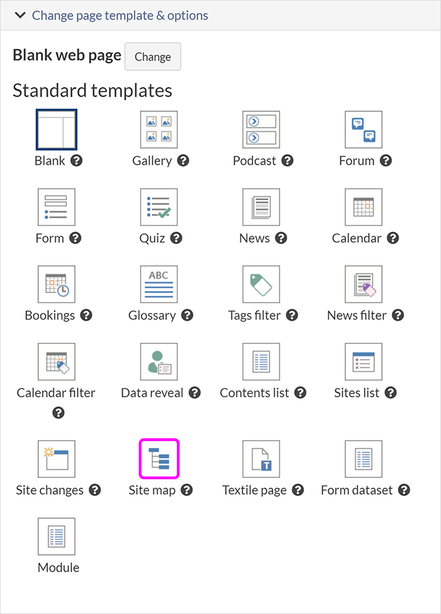 The 'Create new page' screen, with the option to create a Site map page highlighted