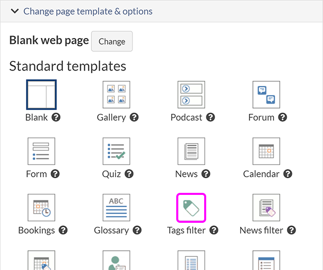The 'Create new page' screen, with the option to create a Tags filter page highlighted