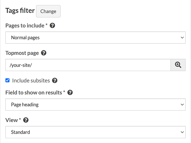The first part of the Tags filter page options