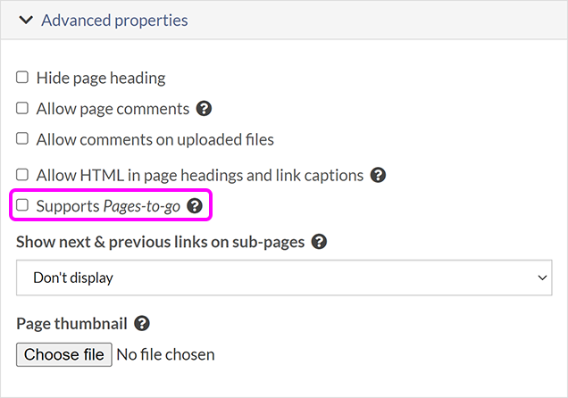 The 'Advanced properties' section, with the 'Supports Pages-to-go' option highlighted