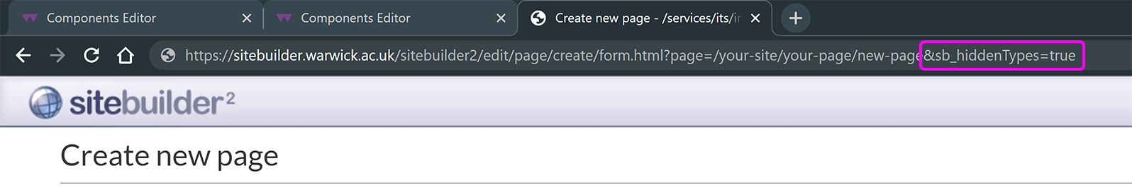 The address bar when creating a new SiteBuilder page, with the access paramater to show hidden page types highlighted