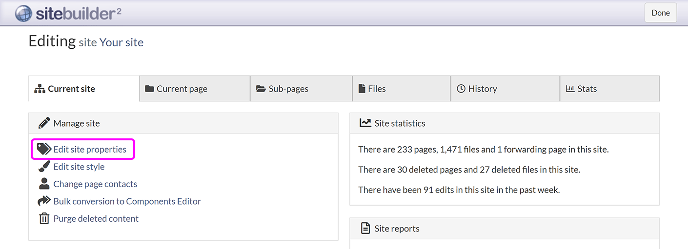 The SiteBuilder 'Current site' tab, with the 'Edit site properties' option highlighted