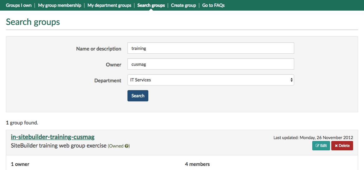 Search groups by name, description, owner or department