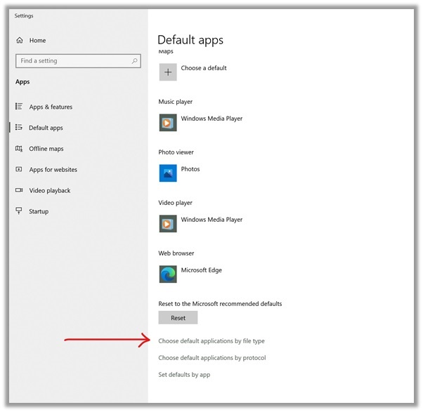 Screenshot of default application settings menu