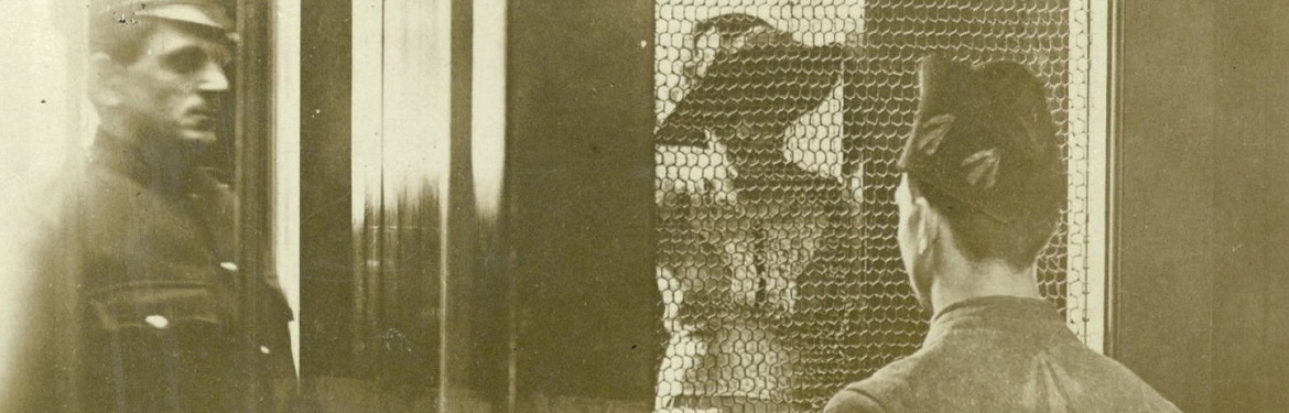 Extract from an early 20th century photograph. It shows a prison visit. A man in prison uniform has his back towards us and is looking at a woman behind a screen. A prison officer in uniform is watching them